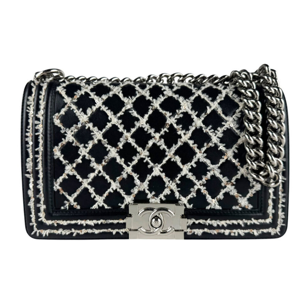 Chanel Boy Shoulder Bag, Leather, Black/White, Women's, z10441